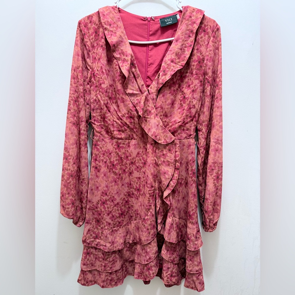 VICI Rose Pink Floral Ruffle Wrap Dress
